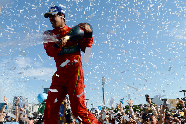 2016/2017 FIA Formula E Championship.
Round 12 - Montreal ePrix, Canada
Sunday 30 July 2017.
Lucas Di Grassi (BRA), ABT Schaeffler Audi Sport, Spark-Abt Sportsline, ABT Schaeffler FE02, sprays the champagne on the podium.
Photo: Patrik Lundin/LAT/Formula E
ref: Digital Image PL1_3760 copy