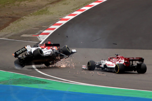 George Russell, Williams FW43, is aunched into the air after contact with Kimi Raikkonen, Alfa Romeo Racing C39. Raikkonen received a time penalty for causing the incident. Credit: Herve Tusoli/Motorsport Images George Russell, Williams FW43, is aunched into the air after contact with Kimi Raikkonen, Alfa Romeo Racing C39. Raikkonen received a time penalty for causing the incident. Credit: Herve Tusoli/Motorsport Images
