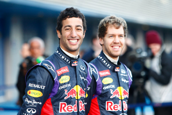 2014 F1 Pre Season Test 1 - Preview
Circuito de Jerez, Jerez, Spain.
Tuesday 28 January 2014.
Sebastian Vettel, Red Bull Racing. and Daniel Ricciardo, Red Bull Racing at the launch of the Red Bull RB10.
World Copyright: Alastair Staley/LAT Photographic.
ref: Digital Image _A8C7677 2014 F1 Pre Season Test 1 - Preview
Circuito de Jerez, Jerez, Spain.
Tuesday 28 January 2014.
Sebastian Vettel, Red Bull Racing. and Daniel Ricciardo, Red Bull Racing at the launch of the Red Bull RB10.
World Copyright: Alastair Staley/LAT Photographic.
ref: Digital Image _A8C7677