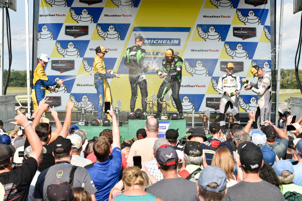 IMSA WeatherTech SportsCar Championship
Michelin GT Challenge at VIR
Virginia International Raceway, Alton, VA USA
Sunday 27 August 2017
16, Lamborghini, Lamborghini Huracan GT3, GTD, Corey Lewis, Geert Jeroen Mul, 96, BMW, BMW M6 GT3, Jesse Krohn, Jens Klingmann, 33, Mercedes, Mercedes AMG GT3, Ben Keating, Jeroen Bleekemolen celebrate in victory lane on podium
World Copyright: Scott R LePage
LAT Images IMSA WeatherTech SportsCar Championship
Michelin GT Challenge at VIR
Virginia International Raceway, Alton, VA USA
Sunday 27 August 2017
16, Lamborghini, Lamborghini Huracan GT3, GTD, Corey Lewis, Geert Jeroen Mul, 96, BMW, BMW M6 GT3, Jesse Krohn, Jens Klingmann, 33, Mercedes, Mercedes AMG GT3, Ben Keating, Jeroen Bleekemolen celebrate in victory lane on podium
World Copyright: Scott R LePage
LAT Images