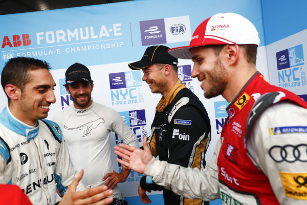 Sébastien Buemi (SUI), Renault e.Dams, Renault Z.E 17, Jean-Eric Vergne (FRA), TECHEETAH, Renault Z.E. 17, Andre Lotterer (BEL), TECHEETAH, Renault Z.E. 17, and Daniel Abt (GER), Audi Sport ABT Schaeffler, Audi e-tron FE04, in the media pen.