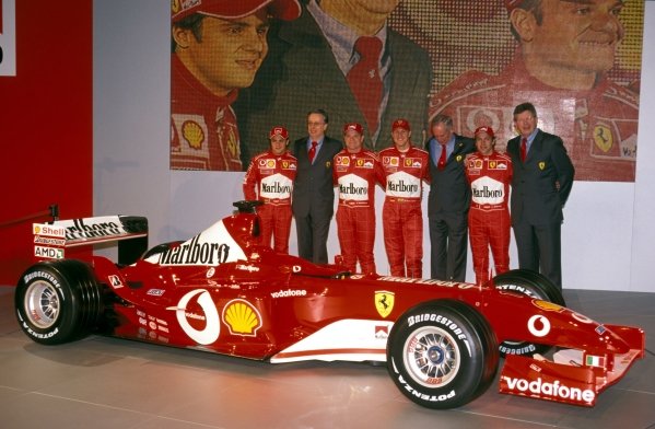 (L to R): Felipe Massa (BRA) Ferrari Test Driver, Paolo Martinelli (ITA) Ferrari Engine Director, Rubens Barrichello (BRA) Ferrari, Michael Schumacher (GER) Ferrari, Rory Byrne (RSA) Ferrari Chief Designer, Luca Badoer (ITA) Ferrari Test Driver and Ross Brawn (GBR) Ferrari Technical Director with the new Ferrari F2003-GA.
Ferrari F2003-GA Launch, Maranello, Italy, 7 February 2003. (L to R): Felipe Massa (BRA) Ferrari Test Driver, Paolo Martinelli (ITA) Ferrari Engine Director, Rubens Barrichello (BRA) Ferrari, Michael Schumacher (GER) Ferrari, Rory Byrne (RSA) Ferrari Chief Designer, Luca Badoer (ITA) Ferrari Test Driver and Ross Brawn (GBR) Ferrari Technical Director with the new Ferrari F2003-GA.
Ferrari F2003-GA Launch, Maranello, Italy, 7 February 2003.