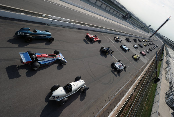 12 October, 2010, Indianapolis, Indiana, USA
33 Historic cars representing the 100 year history of the Indy 500 are gathered on the grid of the Indianapolis Motor Speedway
Â©2010, Dan R. Boyd, USA
LAT Photographic