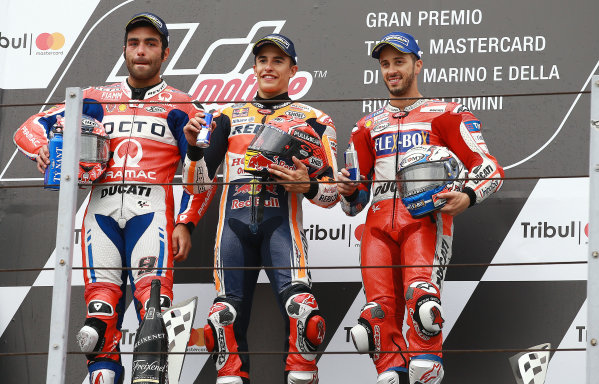 2017 MotoGP Championship - Round 13
Misano, Italy.
Sunday 10 September 2017
Podium: Race winner Marc Marquez, Repsol Honda Team, second place Danilo Petrucci, Pramac Racing, third place Andrea Dovizioso, Ducati Team
World Copyright: Gold and Goose / LAT Images
ref: Digital Image 691819