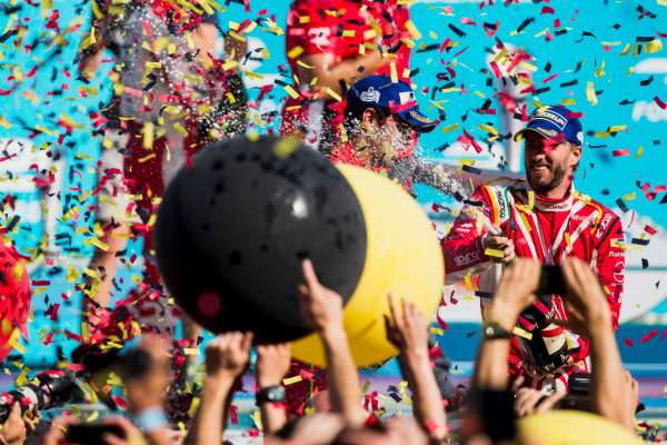 2016/2017 FIA Formula E Championship.
Round 7 - Berlin ePrix, Tempelhof Airport, Berlin, Germany.
Saturday 10 June 2017.
Nick Heidfeld (GER), Mahindra Racing, Spark-Mahindra, Mahindra M3ELECTRO, sprays the champagne on the podium.
Photo: Zak Mauger/LAT/Formula E
ref: Digital Image _54I7730 2016/2017 FIA Formula E Championship.
Round 7 - Berlin ePrix, Tempelhof Airport, Berlin, Germany.
Saturday 10 June 2017.
Nick Heidfeld (GER), Mahindra Racing, Spark-Mahindra, Mahindra M3ELECTRO, sprays the champagne on the podium.
Photo: Zak Mauger/LAT/Formula E
ref: Digital Image _54I7730