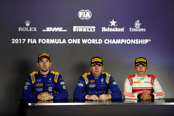 Hungaroring, Budapest, Hungary. 
Saturday 29 July 2017.
The feature race F2 press conference. L-R: Nicholas Latifi (CAN, DAMS) 2nd, race winner Oliver Rowland (GBR, DAMS), and Nyck De Vries (NED, Rapax), 3rd.
World Copyright: Glenn Dunbar/FIA Formula 2 Media Service. 
ref: Digital Image _X4I0033