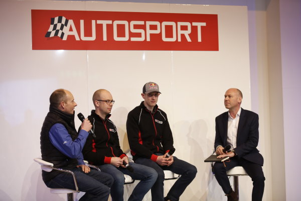 Autosport International Exhibition.
National Exhibition Centre, Birmingham, UK.
Thursday 12 January 2017.
Elfyn Evans, co-driver Dan Barrett and the BRC's Ben Taylor with Toby Moody on the Autosport Stage.
World Copyright: Sam Bloxham/LAT Photographic.
Ref: _SLA2690