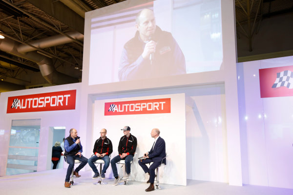 Autosport International Exhibition.
National Exhibition Centre, Birmingham, UK.
Thursday 12 January 2017.
Ben Taylor, Elfyn Evans and co-driver Ben Taylor join Toby Moody on the Autosport Stage.
World Copyright: Sam Bloxham/LAT Photographic.
Ref: _SLB4356