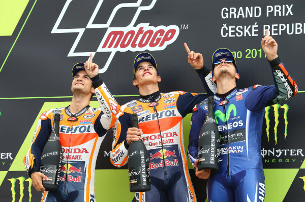 2017 MotoGP Championship - Round 10
Brno, Czech Republic
Sunday 6 August 2017
Podium: Race winner Marc Marquez, Repsol Honda Team, second place Dani Pedrosa, Repsol Honda Team, third place Maverick Viñales, Yamaha Factory Racing
World Copyright: Gold and Goose / LAT Images
ref: Digital Image 50370 2017 MotoGP Championship - Round 10
Brno, Czech Republic
Sunday 6 August 2017
Podium: Race winner Marc Marquez, Repsol Honda Team, second place Dani Pedrosa, Repsol Honda Team, third place Maverick Viñales, Yamaha Factory Racing
World Copyright: Gold and Goose / LAT Images
ref: Digital Image 50370