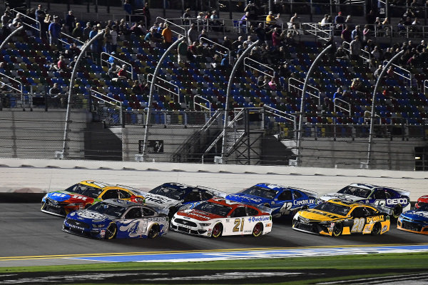 #4: Kevin Harvick, Stewart-Haas Racing, Ford Mustang Busch Light #PIT4BUSCH, #21: Matt DiBenedetto, Wood Brothers Racing, Ford Mustang Motorcraft/Quick Lane, #18: Kyle Busch, Joe Gibbs Racing, Toyota Camry M&M's, and #20: Erik Jones, Joe Gibbs Racing, Toyota Camry DeWalt