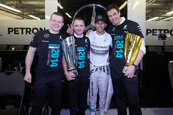 Yas Marina Circuit, Abu Dhabi, United Arab Emirates.
Sunday 23 November 2014.
Andy Cowell, Paddy Lowe, Lewis Hamilton and Toto Wolff, Mercedes AMG, celebrate championship victory.
World Copyright: Steve Etherington/LAT Photographic.
ref: Digital Image SNE13530 Yas Marina Circuit, Abu Dhabi, United Arab Emirates.
Sunday 23 November 2014.
Andy Cowell, Paddy Lowe, Lewis Hamilton and Toto Wolff, Mercedes AMG, celebrate championship victory.
World Copyright: Steve Etherington/LAT Photographic.
ref: Digital Image SNE13530