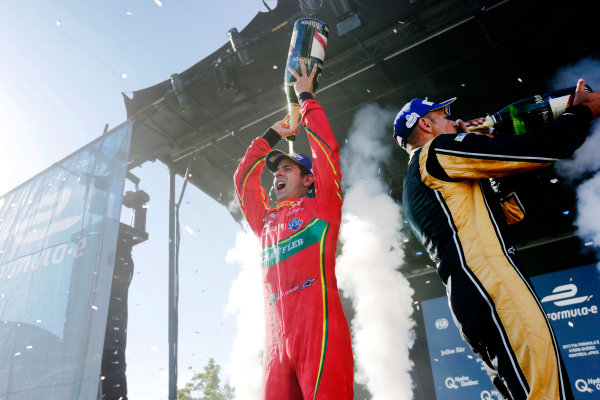 2016/2017 FIA Formula E Championship.
Round 11 - Montreal ePrix, Canada
Saturday 29 July 2017.
Lucas Di Grassi (BRA), ABT Schaeffler Audi Sport, Spark-Abt Sportsline, ABT Schaeffler FE02, and Stephane Sarrazin (FRA), Techeetah, Spark-Renault, Renault Z.E 16, celebrate on the podium.
Photo: Andrew Ferraro/LAT/Formula E
ref: Digital Image _FER4533