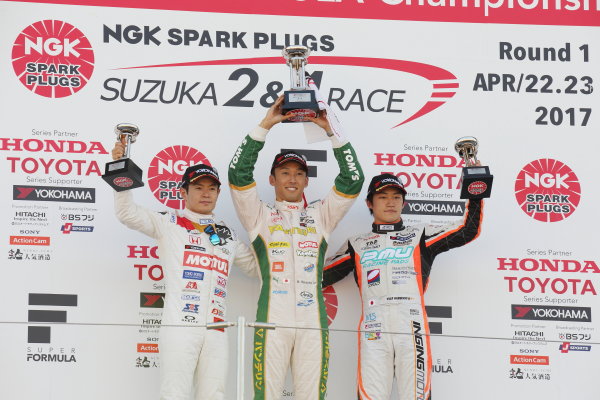 2017 Japanese Super Formula.
Suzuka, Japan. 22nd - 23rd April 2017. Rd 1.
Winner Kazuki Nakajima ( #37 VANTELIN KOWA TOM?S SF14 ) 2nd position Naoki Yamamoto ( #16 TEAM MUGEN SF14 ) 3rd position Yuji Kunimoto ( #1 P.MU/CERUMO ? INGING SF14 ) podium, portrait
World Copyright: Yasushi Ishihara / LAT Images.
Ref: 2017SF_Rd1_009 2017 Japanese Super Formula.
Suzuka, Japan. 22nd - 23rd April 2017. Rd 1.
Winner Kazuki Nakajima ( #37 VANTELIN KOWA TOM?S SF14 ) 2nd position Naoki Yamamoto ( #16 TEAM MUGEN SF14 ) 3rd position Yuji Kunimoto ( #1 P.MU/CERUMO ? INGING SF14 ) podium, portrait
World Copyright: Yasushi Ishihara / LAT Images.
Ref: 2017SF_Rd1_009