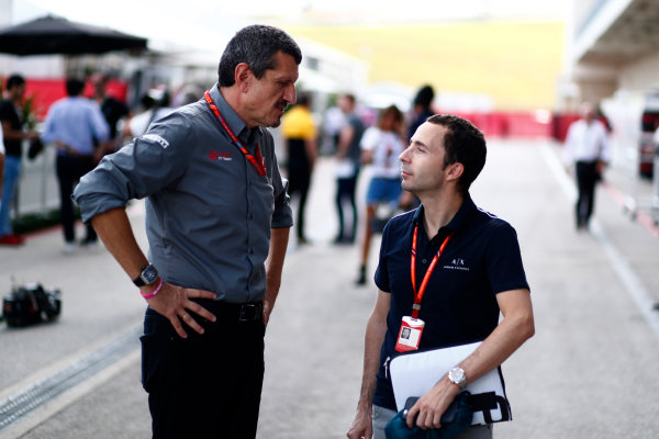 Circuit of the Americas, Austin, Texas, United States of America.
Saturday 21 October 2017.
Guenther Steiner, Team Principal, Haas F1, and Nicolas Todt.
World Copyright: Sam Bloxham/LAT Images
ref: Digital Image _J6I7291 Circuit of the Americas, Austin, Texas, United States of America.
Saturday 21 October 2017.
Guenther Steiner, Team Principal, Haas F1, and Nicolas Todt.
World Copyright: Sam Bloxham/LAT Images
ref: Digital Image _J6I7291