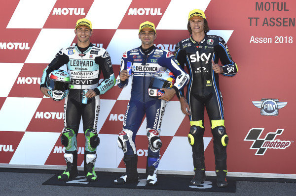 Top 3 after qualifying: Enea Bastianini, Leopard Racing, Jorge Martin, Del Conca Gresini Racing Moto3, Nicolo Bulega, Sky Racing Team VR46.