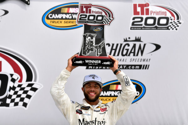 NASCAR Camping World Truck Series
LTI Printing 200
Michigan International Speedway, Brooklyn, MI USA
Saturday 12 August 2017
Darrell Wallace Jr, Maestro's Classic Chevrolet Silverado celebrates in Victory Lane
World Copyright: Nigel Kinrade
LAT Images NASCAR Camping World Truck Series
LTI Printing 200
Michigan International Speedway, Brooklyn, MI USA
Saturday 12 August 2017
Darrell Wallace Jr, Maestro's Classic Chevrolet Silverado celebrates in Victory Lane
World Copyright: Nigel Kinrade
LAT Images