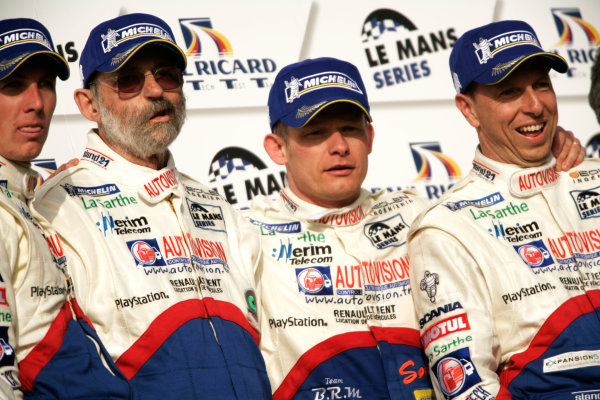 Circuit Paul Ricard, France. 1st - 3rd April 2011.
Six Hours Of Castellet.
Emmanuel Collard / Christophe Tinseau / Julien Jousse, Pescarolo Team, Pescarolo - Judd celebrate victory on the podium with Henri Pescarolo. 
Portrait.     
World Copyright: Drew Gibson/LAT Photographic.
ref: Digital Image _Y2Z2152