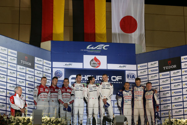 2015 FIA World Endurance Championship,
Bahrain International Circuit, Bahrain.
19th - 21st November 2015.
P1 Podium (l-r) Marcel Fassler / Andre Lotterer / Benoit Treluyer Audi Sport Team Joest Audi R18 e-tron quattro, Romain Dumas / Neel Jani / Marc Lieb Porsche Team Porsche 919 Hybrid, Alexander Wurz / Stephane Sarrazin / Mike Conway Toyota Racing Toyota TS040 Hybrid .
World Copyright: Jakob Ebrey / LAT Photographic.