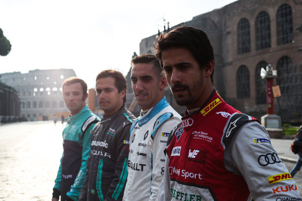 2017/2018 FIA Formula E Championship.
Street Demonstration - Rome, Italy.
Lucas Di Grassi (BRA), Audi Sport ABT Schaeffler, Sebastien Buemi (SUI), Renault e.Dams, Nelson Piquet Jr. (BRA), Panasonic Jaguar Racing and Luca Filippi (ITA), NIO Formula E Team.
Thursday 19 October 2017.
Photo: Malcom Griffiths/LAT/Formula E
ref: Digital Image IMG_8953