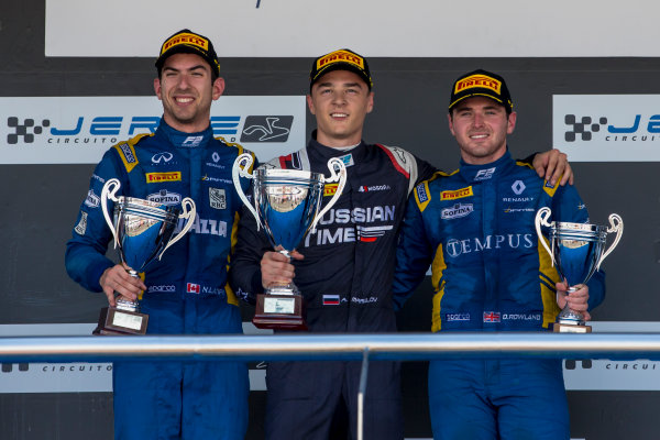 2017 FIA Formula 2 Round 10.
Circuito de Jerez, Jerez, Spain.
Sunday 8 October 2017.
Nicholas Latifi (CAN, DAMS), Artem Markelov (RUS, RUSSIAN TIME), Oliver Rowland (GBR, DAMS). 
Photo: Zak Mauger/FIA Formula 2.
ref: Digital Image _X0W2934