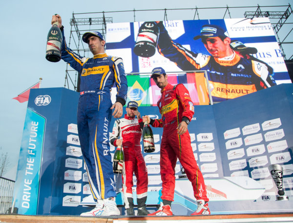 FIA Formula E Championship 2015/16.
Beijing ePrix, Beijing, China.
Race
Sebastien Buemi, RENAULT E.DAMS, Lucas Di Grassi, ABT SCHAEFFLER AUDI SPORT and Nick Heidfeld, MAHINDRA RACING FORMULA E TEAM  on the podium
Beijing, China, Asia.
Saturday 24 October 2015
Photo:  / LAT / FE
ref: Digital Image _L1_4435