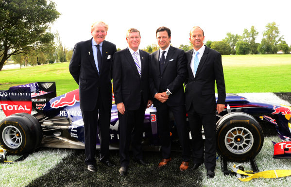 (L to R): Ron Walker (AUS) Chairman of the Australian GP Corporation, Denis Napthine (AUS) Premier of Victoria, Patrick Boutellier, General Manager Rolex, and Andrew Westacott (AUS) Australian GP CEO.
2014 Formula 1 Rolex Australian Grand Prix Media Launch, Carousel, Albert Park, Melbourne, Australia, 3 February 2014.
(L to R): Ron Walker (AUS) Chairman of the Australian GP Corporation, Denis Napthine (AUS) Premier of Victoria, Patrick Boutellier, General Manager Rolex, and Andrew Westacott (AUS) Australian GP CEO.
2014 Formula 1 Rolex Australian Grand Prix Media Launch, Carousel, Albert Park, Melbourne, Australia, 3 February 2014.