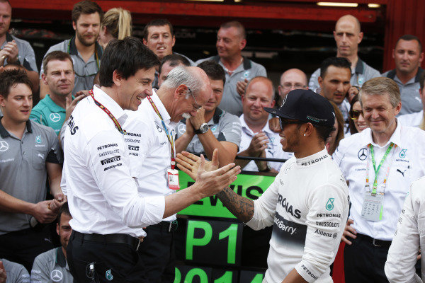 Circuit de Catalunya, Barcelona, Spain.
Sunday 11 May 2014.
Toto Wolff, Executive Director (Business), Mercedes AMG, Dr Dieter Zetsche, CEO, Mercedes Benz, Lewis Hamilton, Mercedes AMG, 1st Position, and the Mercedes team celebrate.
World Copyright: Charles Coates/LAT Photographic.
ref: Digital Image _N7T1305