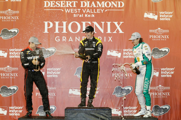 Verizon IndyCar Series
Desert Diamond West Valley Phoenix Grand Prix
Phoenix Raceway, Avondale, AZ USA
Saturday 29 April 2017
Will Power, Team Penske Chevrolet Simon Pagenaud, Team Penske Chevrolet JR Hildebrand, Ed Carpenter Racing Chevrolet podium
World Copyright: Michael L. Levitt
LAT Images