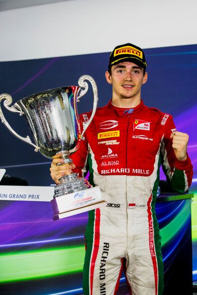 2017 FIA Formula 2 Round 1.
Bahrain International Circuit, Sakhir, Bahrain. 
Sunday 16 April 2017.
Charles Leclerc (MCO, PREMA Racing), with the first place trophy.
Photo: Zak Mauger/FIA Formula 2.
ref: Digital Image _X0W5184