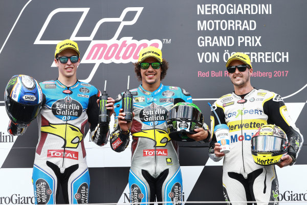 2017 Moto2 Championship - Round 11
Spielberg, Austria
Sunday 13 August 2017
Podium: second place Alex Marquez, Marc VDS, Race winner Franco Morbidelli, Marc VDS, third place Thomas Luthi, CarXpert Interwetten
World Copyright: Gold and Goose / LAT Images
ref: Digital Image 686851 2017 Moto2 Championship - Round 11
Spielberg, Austria
Sunday 13 August 2017
Podium: second place Alex Marquez, Marc VDS, Race winner Franco Morbidelli, Marc VDS, third place Thomas Luthi, CarXpert Interwetten
World Copyright: Gold and Goose / LAT Images
ref: Digital Image 686851
