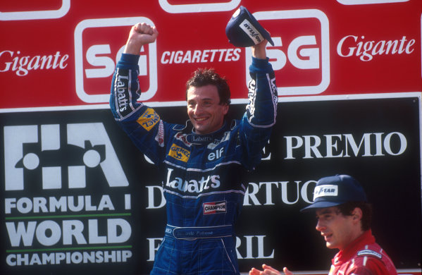 1991 Portuguese Grand Prix.
Estoril, Portugal.
20-22 September 1991.
Riccardo Patrese (Williams Renault) celebrates 1st position on the podium. Ayrton Senna (McLaren Honda) 2nd position stands next to him.
Ref-91 POR 06.
World Copyright - LAT Photographic
1991 Portuguese Grand Prix.
Estoril, Portugal.
20-22 September 1991.
Riccardo Patrese (Williams Renault) celebrates 1st position on the podium. Ayrton Senna (McLaren Honda) 2nd position stands next to him.
Ref-91 POR 06.
World Copyright - LAT Photographic
