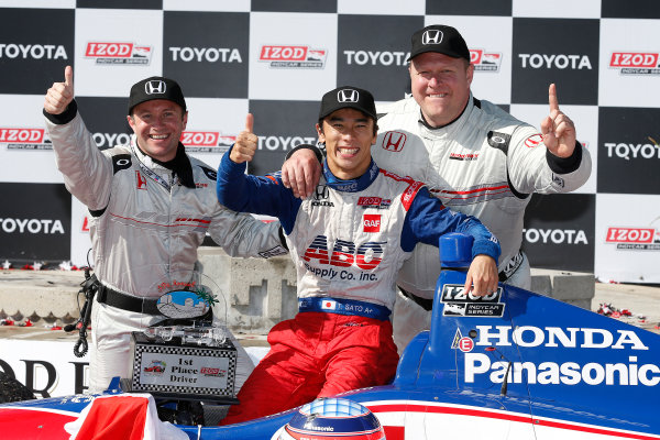 19-21 April, 2013, Long Beach, California, USA
Winner Takuma Sato with Roger Griffiths and Paul Metzger of HPD
© 2013, Michael L. Levitt
LAT Photo USA.