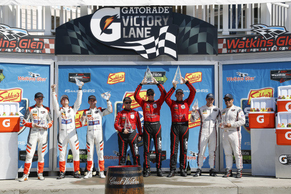 #54 CORE autosport ORECA LMP2, P: Jon Bennett, Colin Braun, Romain Dumas, #99 JDC/Miller Motorsports ORECA 07, P: Stephen Simpson, Mikhail Goikhberg, Chris Miller, #6 Acura Team Penske Acura DPi, P: Dane Cameron, Juan Pablo Montoya, podium