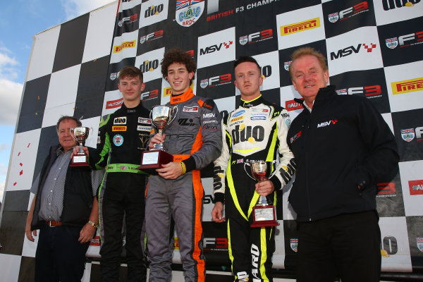 2016 BRDC F3 Championship,
Donington Park, Leicestershire. 10th - 11th September 2016.
Championship Podium (l-r) Toby Sowery (GBR) Lanan Racing BRDC F3, Matheus Leist (BRA) Double R Racing BRDC F3, Ricky Collard (GBR) Carlin BRDC F3.
World Copyright: Ebrey / LAT Photographic.