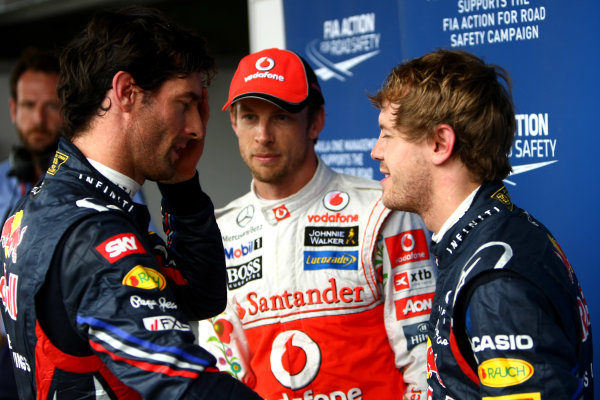Interlagos, Sao Paulo, Brazil
26th November 2011
Top three qualifiers Sebastian Vettel, Red Bull Racing RB7 Renault, Mark Webber, Red Bull Racing RB7 Renault, and Jenson Button, McLaren MP4-26 Mercedes. Portrait.
World Copyright: Andy Hone/LAT Photographic
ref: Digital Image CSP29765 Interlagos, Sao Paulo, Brazil
26th November 2011
Top three qualifiers Sebastian Vettel, Red Bull Racing RB7 Renault, Mark Webber, Red Bull Racing RB7 Renault, and Jenson Button, McLaren MP4-26 Mercedes. Portrait.
World Copyright: Andy Hone/LAT Photographic
ref: Digital Image CSP29765