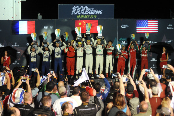 P2 Podium celebrations, #36 Signatech Alpine Matmut Alpine A470: Nicolas Lapierre, Andre Negrao, Pierre Thiriet, #37 Jackie Chan DC Racing Oreca 07: David Heinemeier Hansson, Jordan King, Will Stevens and #31 Dragonspeed Oreca 07: Roberto Gonzalez, Pastor Maldonado, Anthony Davidson