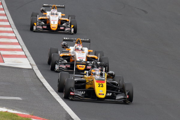2017 Japanese Formula 3 Championship.
Okayama, Japan. 27th - 28th May 2017. Rd 8 & 9.
Rd 8 Winner Mitsunori Takaboshi ( #23 B-MAX NDDP F3 ) 2nd position Ritomo Miyata ( Corolla Chukyo Kuo TOM?S F314 ) 3rd position Sho Tsuboi ( #1 Corolla Chukyo Kuo TOM?S F317 ) action
World Copyright: Yasushi Ishihara / LAT Images.
Ref: 2017JF3_Rd8_006 2017 Japanese Formula 3 Championship.
Okayama, Japan. 27th - 28th May 2017. Rd 8 & 9.
Rd 8 Winner Mitsunori Takaboshi ( #23 B-MAX NDDP F3 ) 2nd position Ritomo Miyata ( Corolla Chukyo Kuo TOM?S F314 ) 3rd position Sho Tsuboi ( #1 Corolla Chukyo Kuo TOM?S F317 ) action
World Copyright: Yasushi Ishihara / LAT Images.
Ref: 2017JF3_Rd8_006