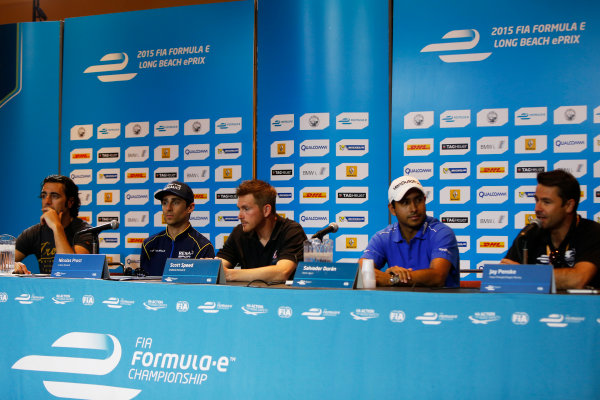 2014/2015 FIA Formula E Championship.
Long Beach ePrix, Long Beach, California, United States of America.
Friday 3 April 2015
Dario Franchitti, Nicolas Prost (FRA)/E.dams Renault - Spark-Renault SRT_01E, Scott Speed (USA)/Andretti Autosport - Spark-Renault SRT_01E, Salvador Duran (MEX)/Amlin Aguri - Spark-Renault SRT_01E and Oriol Servia, Dragon Racing.
Photo: Zak Mauger/LAT/Formula E
ref: Digital Image _L0U6046
2014/2015 FIA Formula E Championship.
Long Beach ePrix, Long Beach, California, United States of America.
Friday 3 April 2015
Dario Franchitti, Nicolas Prost (FRA)/E.dams Renault - Spark-Renault SRT_01E, Scott Speed (USA)/Andretti Autosport - Spark-Renault SRT_01E, Salvador Duran (MEX)/Amlin Aguri - Spark-Renault SRT_01E and Oriol Servia, Dragon Racing.
Photo: Zak Mauger/LAT/Formula E
ref: Digital Image _L0U6046