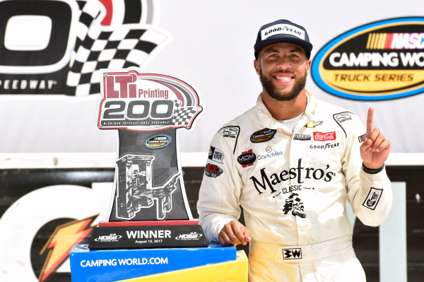 NASCAR Camping World Truck Series
LTI Printing 200
Michigan International Speedway, Brooklyn, MI USA
Saturday 12 August 2017
Darrell Wallace Jr, Maestro's Classic Chevrolet Silverado celebrates in Victory Lane
World Copyright: Nigel Kinrade
LAT Images NASCAR Camping World Truck Series
LTI Printing 200
Michigan International Speedway, Brooklyn, MI USA
Saturday 12 August 2017
Darrell Wallace Jr, Maestro's Classic Chevrolet Silverado celebrates in Victory Lane
World Copyright: Nigel Kinrade
LAT Images