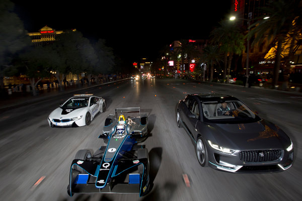 2016/2017 FIA Formula E Championship.
Vegas eRace, Las Vegas, Nevada, United States of America.
Thursday 5 January 2017.
Sam Bird, DS Virgin Racing, leads Mitch Evans, Panasonic Jaguar in an I-Pace SUV concept car. Antonio Felix da Costa, MS Amlin Andretti, drives a BMW i8.
Photo: Alastair Staley/LAT/Formula E
ref: Digital Image 585A1432 2016/2017 FIA Formula E Championship.
Vegas eRace, Las Vegas, Nevada, United States of America.
Thursday 5 January 2017.
Sam Bird, DS Virgin Racing, leads Mitch Evans, Panasonic Jaguar in an I-Pace SUV concept car. Antonio Felix da Costa, MS Amlin Andretti, drives a BMW i8.
Photo: Alastair Staley/LAT/Formula E
ref: Digital Image 585A1432