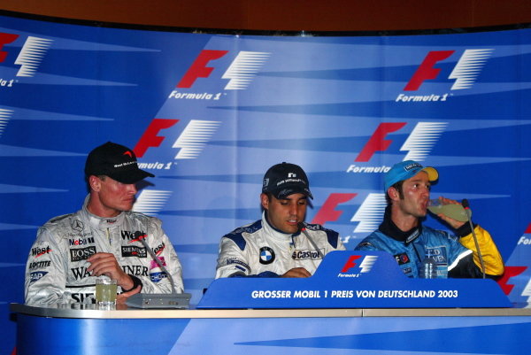 The post race press conference (L to R): David Coulthard (GBR) McLaren, second; Juan Pablo Montoya (COL) Williams, winner; Jarno Trulli (ITA) Renault (Who missed the TV conference) third.
Formula One World Championship, Rd12, German Grand Prix, Race Day, Hockenheim, Germany, 3 August 2003.
DIGITAL IMAGE The post race press conference (L to R): David Coulthard (GBR) McLaren, second; Juan Pablo Montoya (COL) Williams, winner; Jarno Trulli (ITA) Renault (Who missed the TV conference) third.
Formula One World Championship, Rd12, German Grand Prix, Race Day, Hockenheim, Germany, 3 August 2003.
DIGITAL IMAGE