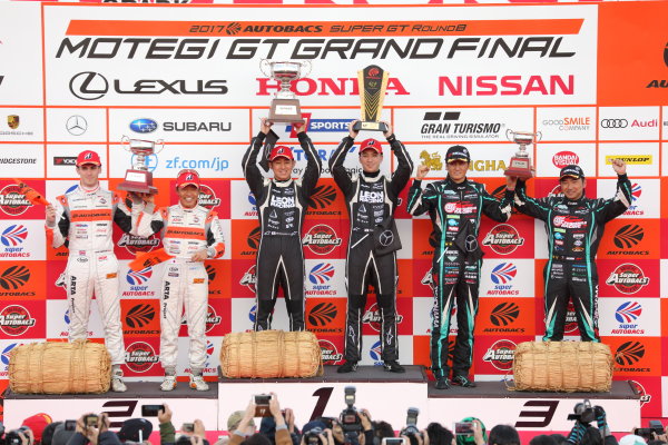 2017 Japanese Super GT Series.
Motegi, Japan.
11th - 12th November 2017. Rd 8.
GT300 Winner Haruki Kurosawa & Naoya Gamou ( #65 LEON CVSTOS AMG ) 2nd position Shinichi Takagi & Sean Walkinshaw ( #55 ARTA BMW M6 GT3 ) 3rd position Nobuteru Taniguchi & Tatsuya Kataoka ( #4 GOODSMILE HATSUNE MIKU AMG ) podium portrait
World Copyright: Yasushi Ishihara/LAT Images
ref: Digital Image 2017_SGT_Rd8_015 2017 Japanese Super GT Series.
Motegi, Japan.
11th - 12th November 2017. Rd 8.
GT300 Winner Haruki Kurosawa & Naoya Gamou ( #65 LEON CVSTOS AMG ) 2nd position Shinichi Takagi & Sean Walkinshaw ( #55 ARTA BMW M6 GT3 ) 3rd position Nobuteru Taniguchi & Tatsuya Kataoka ( #4 GOODSMILE HATSUNE MIKU AMG ) podium portrait
World Copyright: Yasushi Ishihara/LAT Images
ref: Digital Image 2017_SGT_Rd8_015
