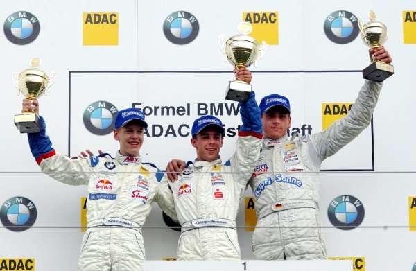 Podium and results:
1st Christopher Wassermann (AUT), Josef Kaufmann Racing, centre.
2nd Sebastian Vettel (GER), Eifelland Racing, left.
3rd Adrian Sutil (GER), HBR Motorsport GmbH, right.
Formula BMW ADAC Championship, Rds13&14, Nurburgring, Germany. 17 August 2003.
DIGITAL IMAGE Podium and results:
1st Christopher Wassermann (AUT), Josef Kaufmann Racing, centre.
2nd Sebastian Vettel (GER), Eifelland Racing, left.
3rd Adrian Sutil (GER), HBR Motorsport GmbH, right.
Formula BMW ADAC Championship, Rds13&14, Nurburgring, Germany. 17 August 2003.
DIGITAL IMAGE