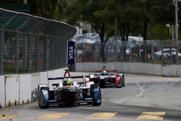 2015/2016 FIA Formula E Championship.
Putrajaya ePrix, Putrajaya, Malaysia.
Saturday 7 November 2015.
Race
Nathanael Berthon (FRA), Team Aguri - Spark SRT_01E leads Sam Bird (GBR), DS Virgin Racing DSV-01 
Photo: Sam Bloxham/FIA Formula E/LAT
ref: Digital Image _G7C9392