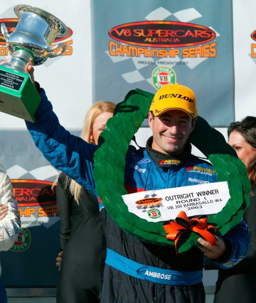 2003 Australian V8 Supercars.
Perth, Australia. 8th June 2003.
Ford driver Marcos Ambrose makes it 3 Round wins in a row after winning Round 5 in today at Perths Barbagallo Raceway. 
World Copyright: Mark Horsburgh/LAT Photographic
ref: Digital Image Only