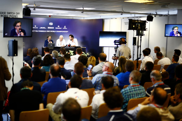 Hungaroring, Budapest, Hungary. 
Thursday 27 July 2017.
Laurent Mekies, F1 Deputy Race Director, FIA, Charlie Whiting, Race Director, FIA and Matteo Bonciani, Head of FIA Communications and Media Delegate, host a press conference about the introduction of the halo.
World Copyright: Andy Hone/LAT Images 
ref: Digital Image _ONZ7662