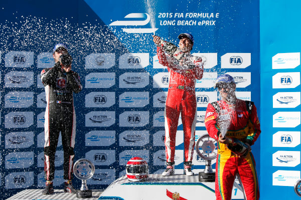 2014/2015 FIA Formula E Championship.
Long Beach ePrix, Long Beach, California, United States of America.
Sunday 5 April 2015
Podium. Nelson Piquet Jr (BRA)/China Racing - Spark-Renault SRT_01E, first, Jean-Eric Vergne (FRA)/Andretti Motorsport - Spark-Renault SRT_01E, second and Lucas di Grassi (BRA)/Audi Abt Sport - Spark-Renault SRT_01E, third.
Photo: Zak Mauger/LAT/Formula E
ref: Digital Image _L0U8742
2014/2015 FIA Formula E Championship.
Long Beach ePrix, Long Beach, California, United States of America.
Sunday 5 April 2015
Podium. Nelson Piquet Jr (BRA)/China Racing - Spark-Renault SRT_01E, first, Jean-Eric Vergne (FRA)/Andretti Motorsport - Spark-Renault SRT_01E, second and Lucas di Grassi (BRA)/Audi Abt Sport - Spark-Renault SRT_01E, third.
Photo: Zak Mauger/LAT/Formula E
ref: Digital Image _L0U8742