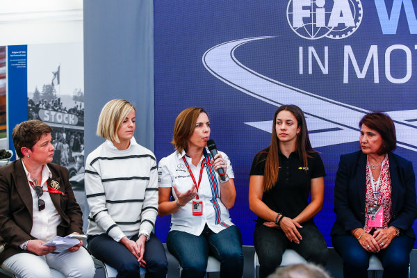 Monte Carlo, Monaco.
Saturday 27 May 2017.
Susie Wolff, Claire Williams, Deputy Team Principal, Williams Martini Racing, Marta Garcia, Renault Sport Academy, and Michelle Mouton, at a Women in Motorsport Press Conference.
World Copyright: Andy Hone/LAT Images
ref: Digital Image _ONZ0393